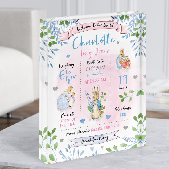 New Baby Birth Details Nursery Christening Pink Peter Rabbit Gift Acrylic Block