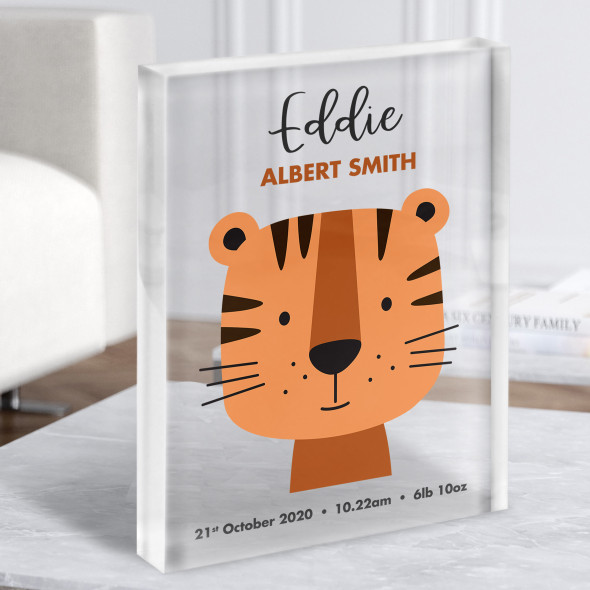 Baby Birth Details Nursery Christening Tiger Face Keepsake Gift Acrylic Block