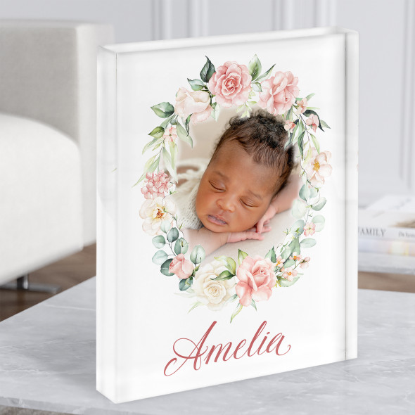 Watercolour Pink Floral Photo Name Personalised Children's Gift Acrylic Block