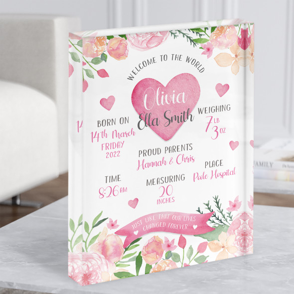 New Baby Birth New-born Nursery Christening Hearts Floral Gift Acrylic Block