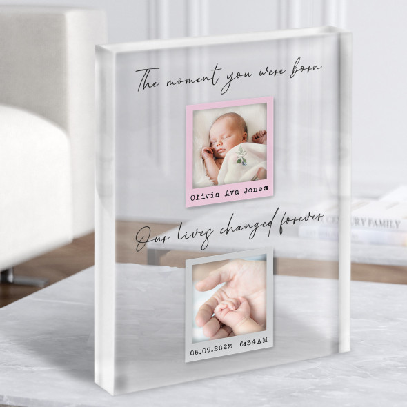 2 Photos Girl New Baby Birth Details Nursery Christening Gift Acrylic Block