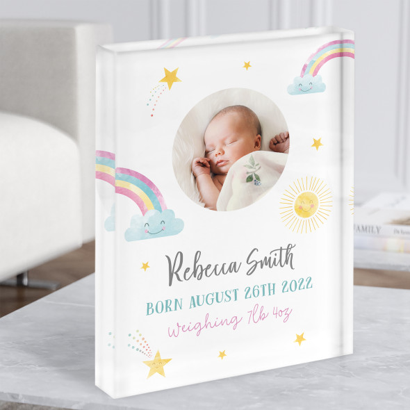 New Baby Birth Details Nursery Christening Rainbow Photo Gift Acrylic Block