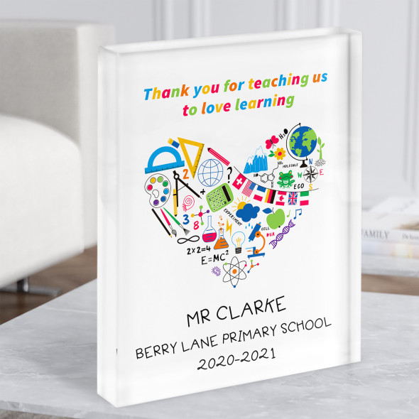 Teacher Love Learning School Elements Heart Personalised Gift Acrylic Block