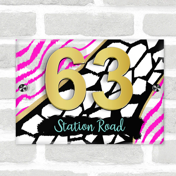 Animal Print Black Gold Hot Pink 3D Modern Acrylic Door Number House Sign