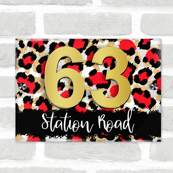 Red & Leopard Print & Gold 3D Modern Acrylic Door Number House Sign
