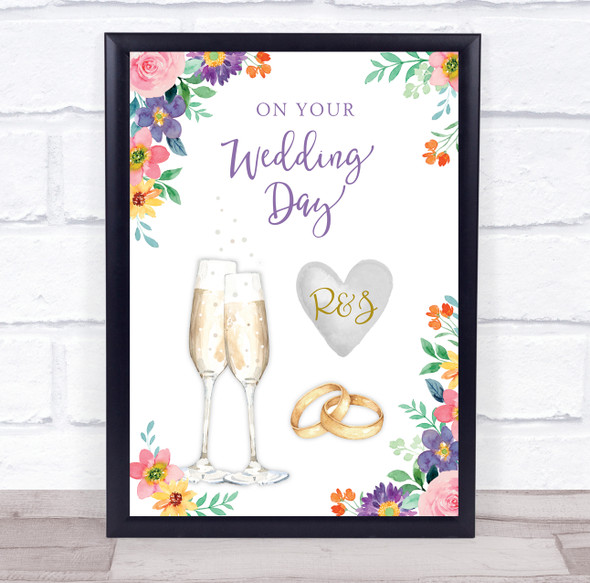 Bright Flowers Floral Champagne Flutes Rings Married Personalised Gift Print
