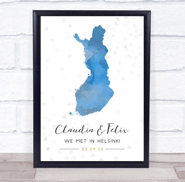 Finland Special Date Watercolour Blue Grey Hearts Personalised Gift Print