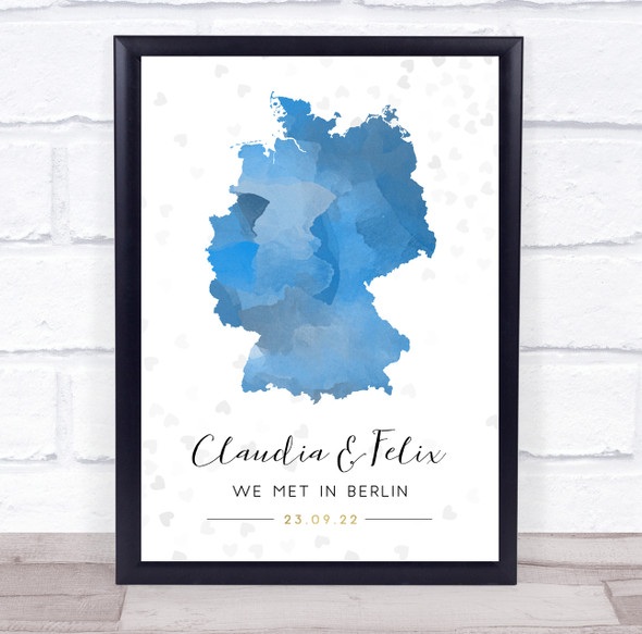 Germany Special Date Watercolour Blue Grey Hearts Personalised Gift Print