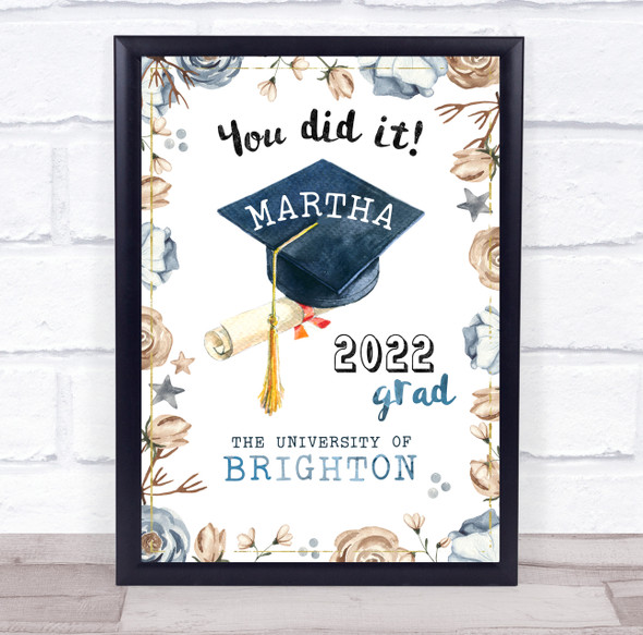 Graduation Congrats Celebration Blue Beige Floral Personalised Gift Print