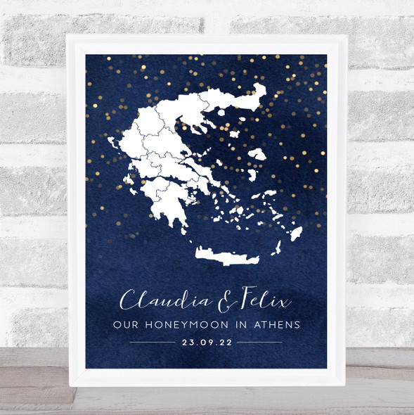 Greece Special Date Midnight Watercolour Sparkles Personalised Gift Print