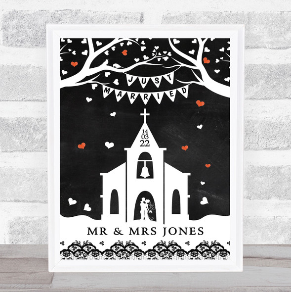 Just Married Name Date Church Chalk Effect Red Heart Personalised Gift Print
