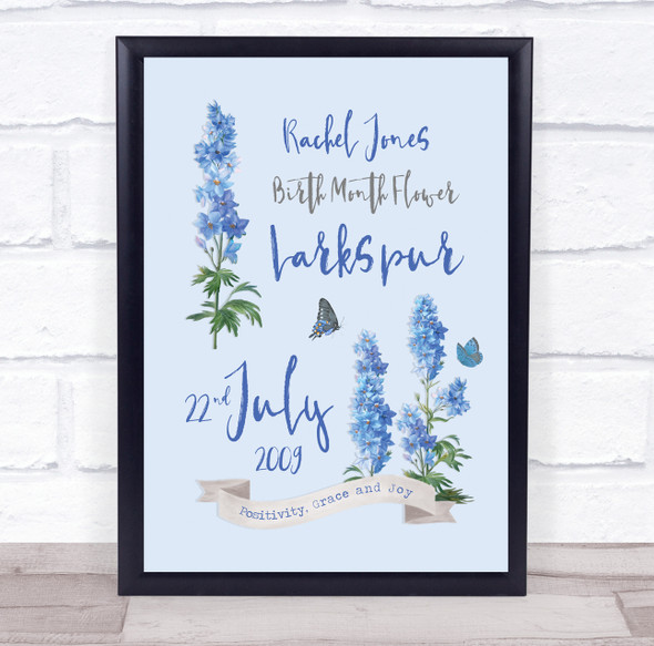 Larkspur July Summer Birthday Flower Blue Watercolour Personalised Gift Print
