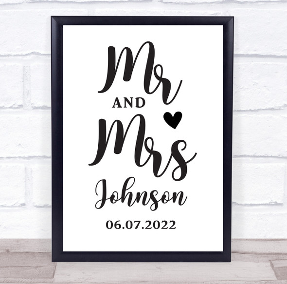 Mr & Mrs Wedding Special Details Typographic Black & White Personalised Print