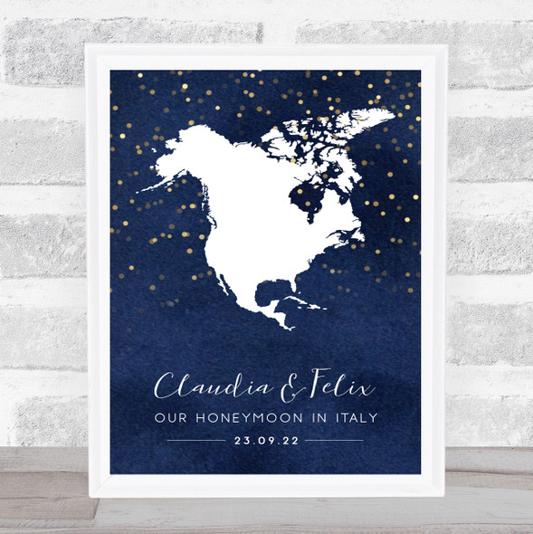 North America Date Midnight Watercolour Sparkles Personalised Gift Print