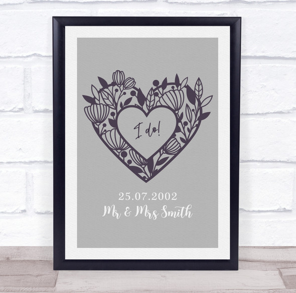 Ornament Heart I Do Grey Anniversary Wedding Date Personalised Gift Print