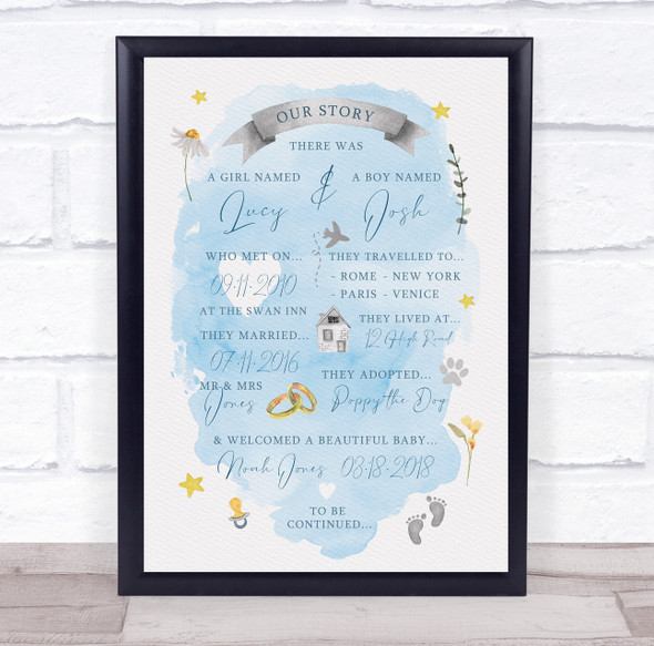 Our Story Family Special Events Couple Watercolour Blue Personalised Gift Print