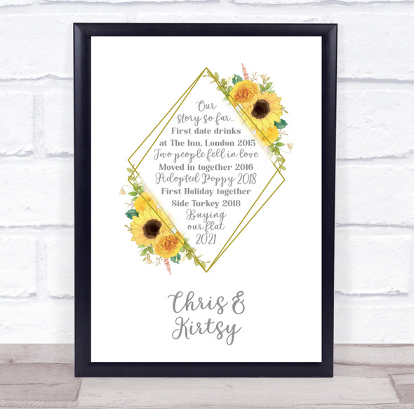 Our Story Sunflower Yellow Special Couple Love Anniversary Personalised Print