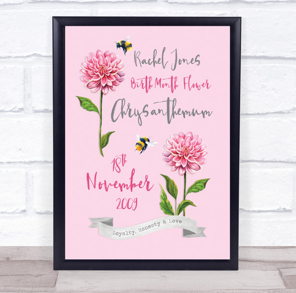 Pink Chrysanthemum November Birthday Flower Watercolour Personalised Gift Print