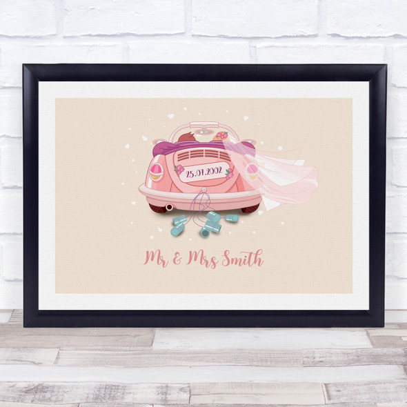 Pink Hearts Wedding Car Anniversary Wedding Date Personalised Gift Print