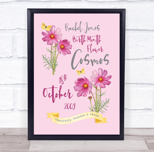 Pink Watercolour Cosmos October Birthday Month Flowers Personalised Gift Print