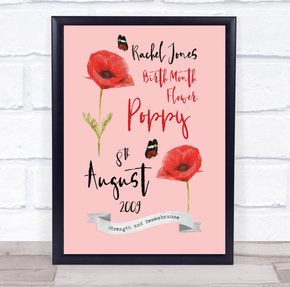 Poppy August Birthday Flower Watercolour Butterfly Red Personalised Gift Print