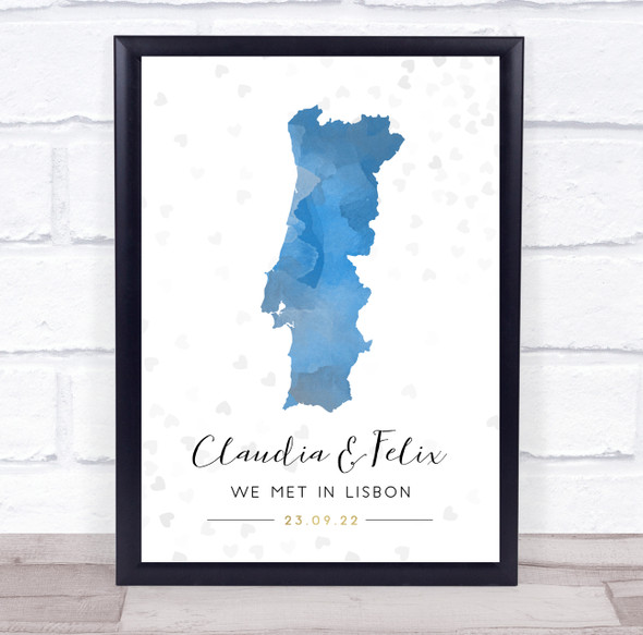 Portugal Special Date Watercolour Blue Grey Hearts Personalised Gift Print