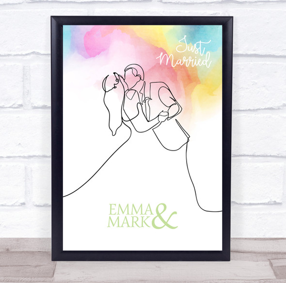 Rainbow Watercolour Wash Wedding Line Art Couple Personalised Gift Print