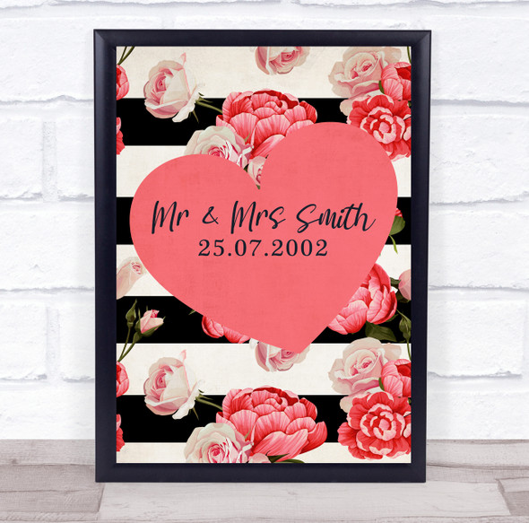 Red Pink Heart & Rose Stripes Anniversary Date Personalised Gift Print
