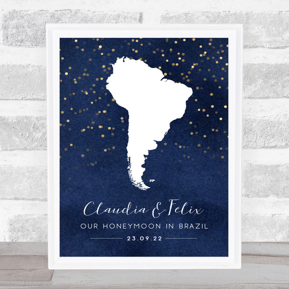 South America Date Midnight Watercolour Sparkles Personalised Gift Print