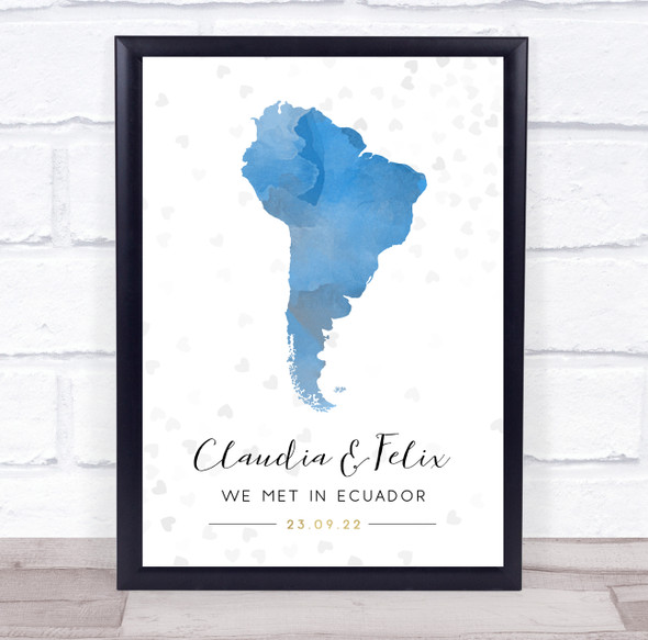 South America Date Watercolour Blue Grey Hearts Personalised Gift Print