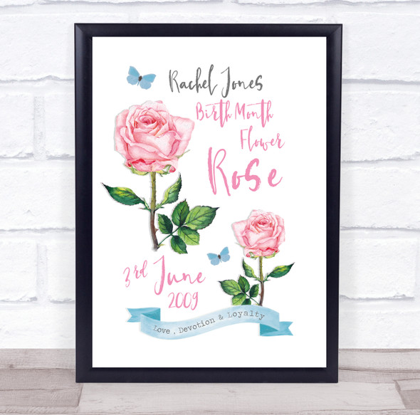 Summer Pink Rose June Birthday Month Flower Watercolour Personalised Gift Print