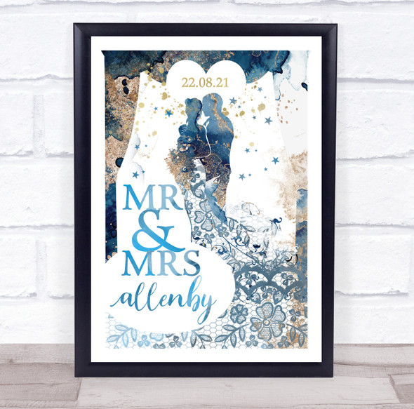 Theatrical Wedding Name & Date Gatsby Blue Golden Personalised Gift Print