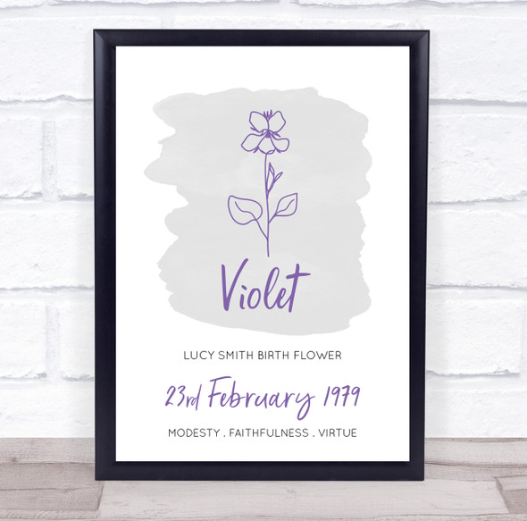 Violet February Flower Birthday Month Meaning Purple Personalised Gift Print