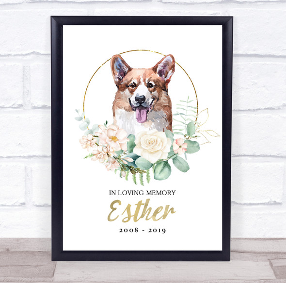 Welsh Corgi Pet Memorial Peach Gold Floral Wreath Personalised Gift Print