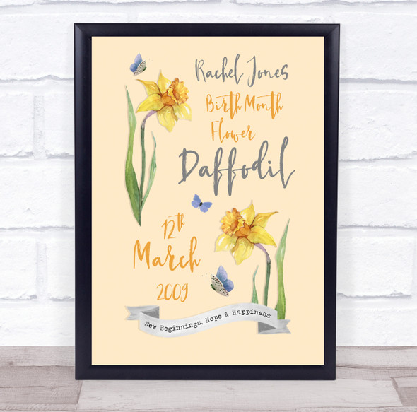 Yellow Daffodil March Birthday Month Flower Watercolour Personalised Gift Print