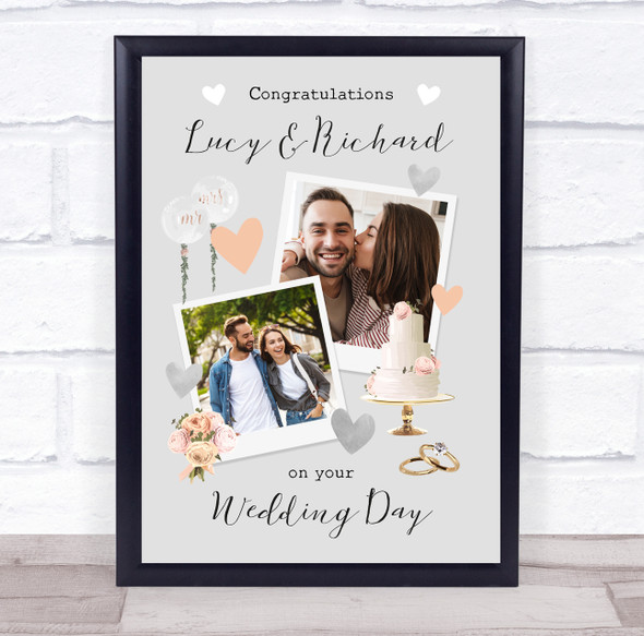 Congratulations Your Wedding Photo Cake Hearts Grey Personalised Gift Print