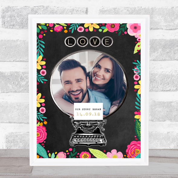 Typewriter Floral Pink Blue Our Story Date & Photo Personalised Gift Print