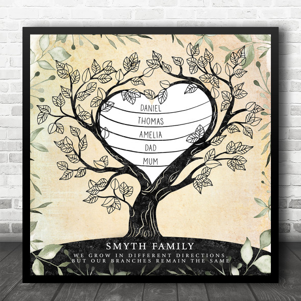 Family Tree Any Names Heart Vintage Foliage Square Personalised Gift Print