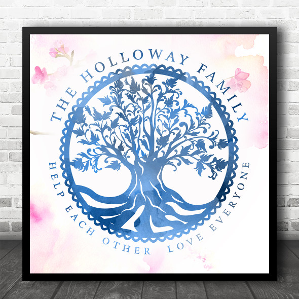 Family Tree Of Life Blue Watercolour Blossom Square Personalised Gift Print