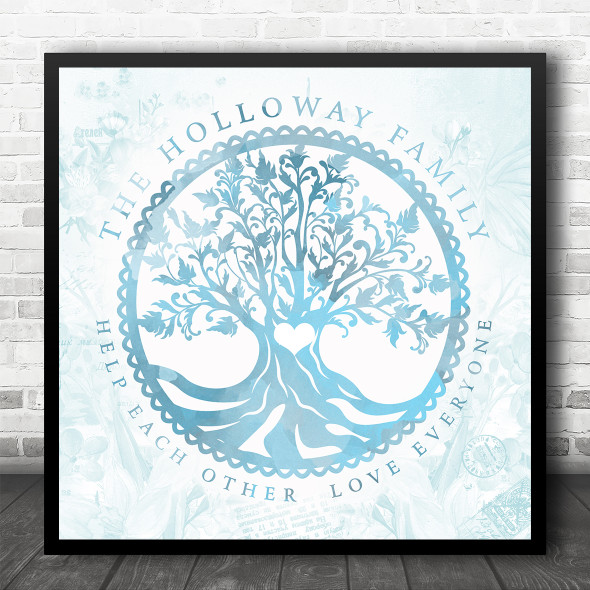 Family Tree Of Life Vintage Blue Watercolour Square Personalised Gift Print