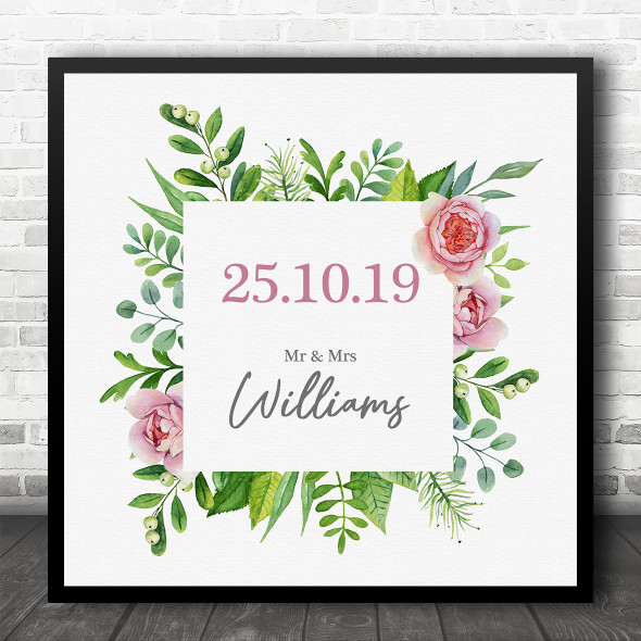 Square Anniversary Wedding Date Leaves Pink Roses Personalised Gift Print