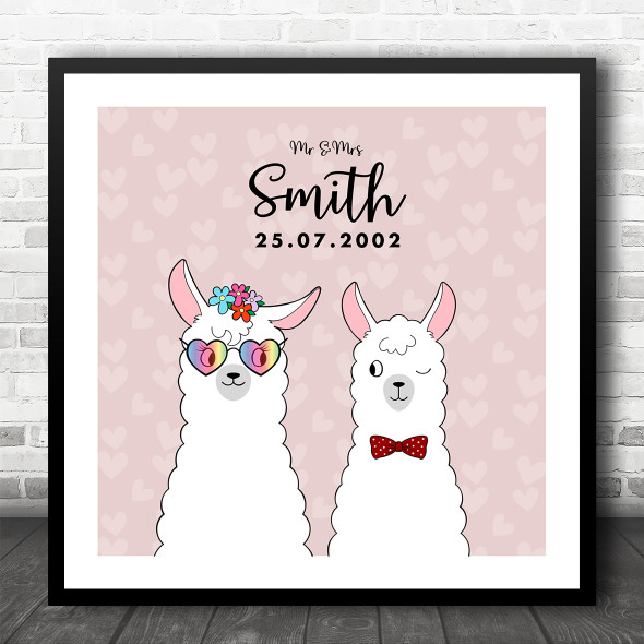 Square Cute Cartoon Llamas Anniversary Wedding Date Personalised Gift Print