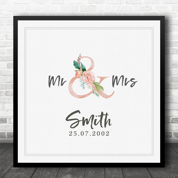 Square Floral Ampersand Anniversary Wedding Date Personalised Gift Print