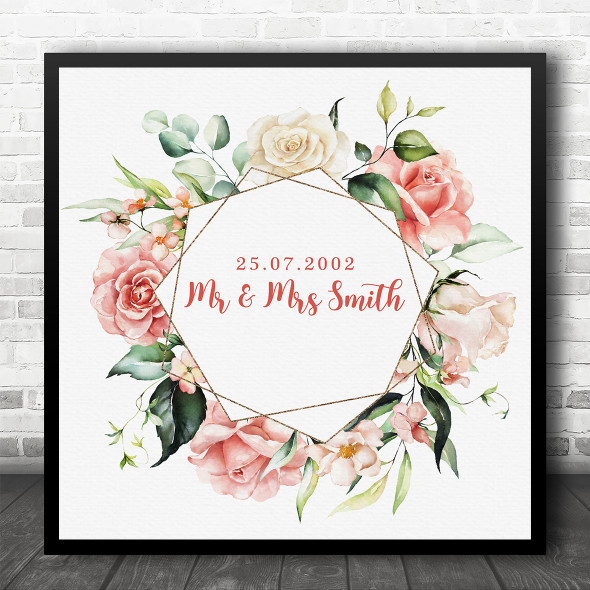 Square Pink Watercolour Floral Frame Anniversary Date Personalised Gift Print