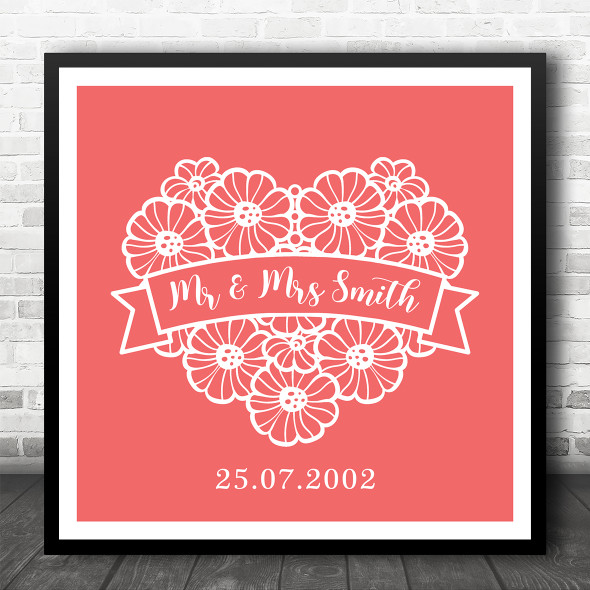 Square Red Background Ornament Heart Anniversary Personalised Gift Print