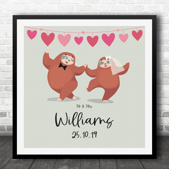 Square Sloths Dancing Anniversary Wedding Date Heart Personalised Gift Print