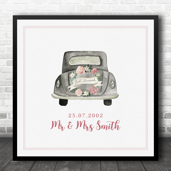 Square Watercolour Just Married Car Anniversary Date Personalised Gift Print