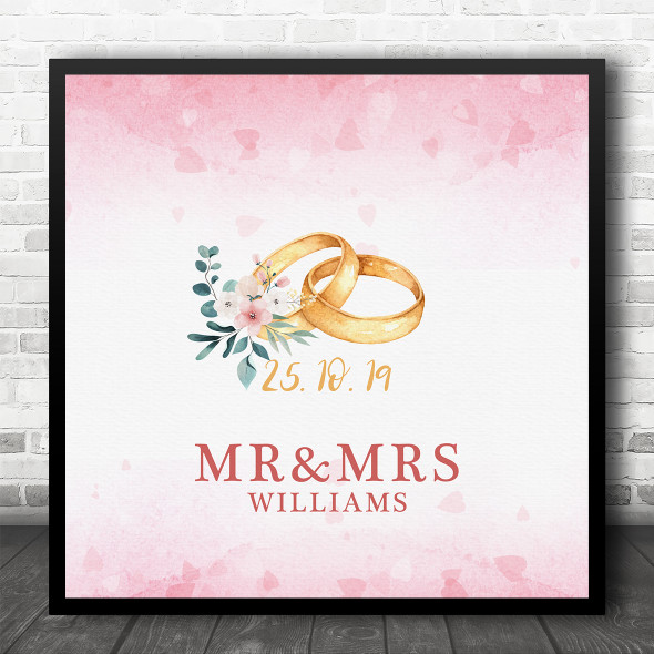 Square Watercolour Wedding Rings Anniversary Wedding Personalised Gift Print