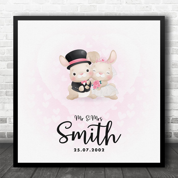 Square Wedding Bunnies Anniversary Pink Wedding Date Personalised Gift Print