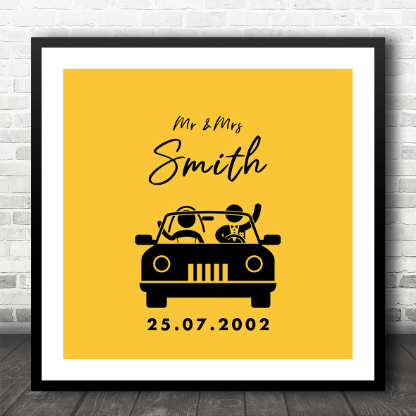 Square Wedding Car Symbol Anniversary Yellow Date Personalised Gift Print